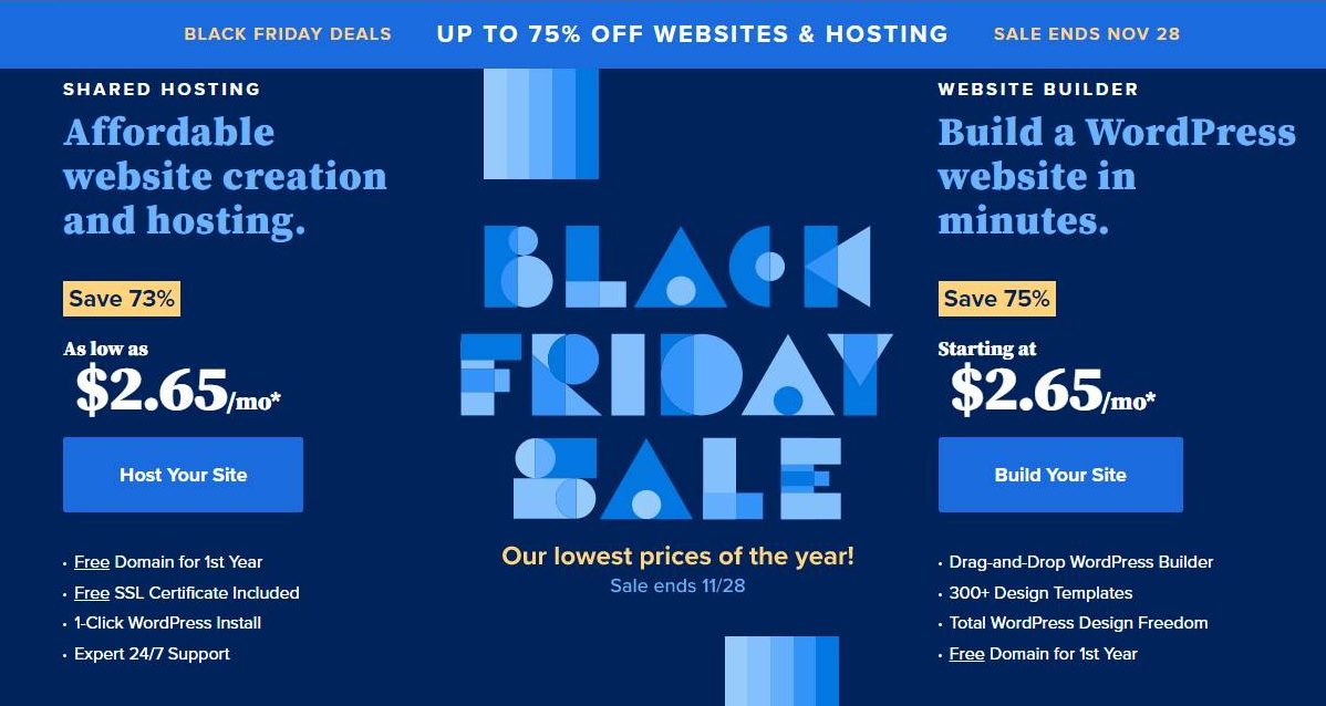 Black Friday Bluehost Khuyến Mãi 75% tặng domain + tặng combo affiliate 628k